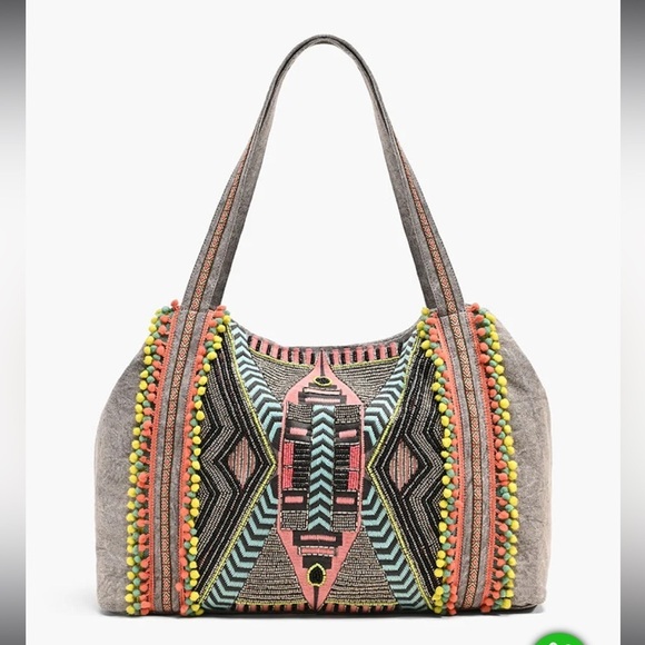 America & Beyond Handbags - Southwestern large tote bag Hand Beaded Pom Pom Boho Hippie embroidered